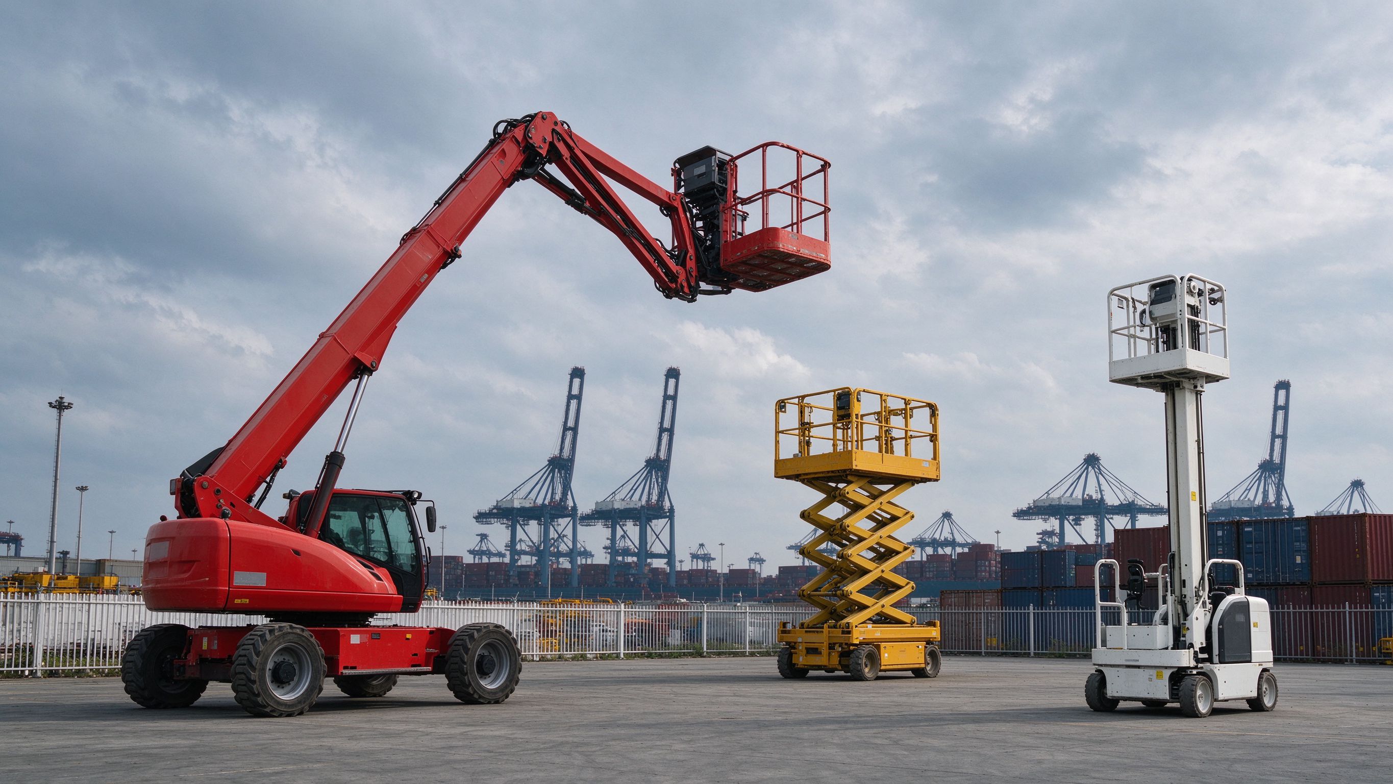 Used aerial work platforms in an export yard